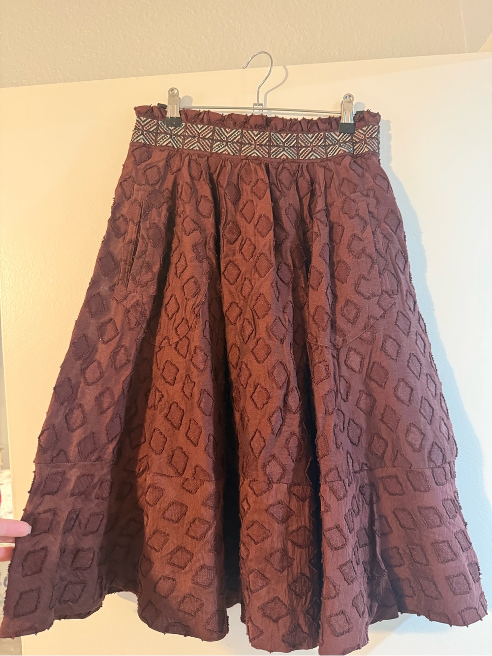 Mauve Textured Midi Skirt in Rich Burgundy with Patterned Waistband